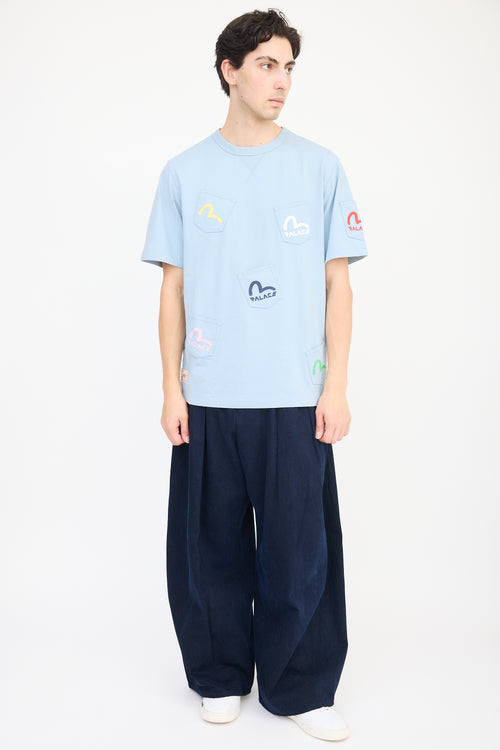 Palace X Evisu Blue 
Multicolour Logo Multi Pocket T-Shirt