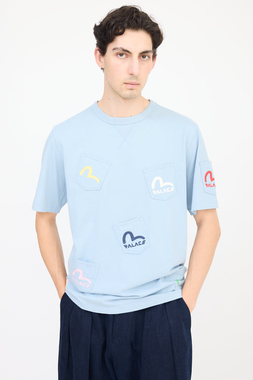 Palace X Evisu Blue 
Multicolour Logo Multi Pocket T-Shirt