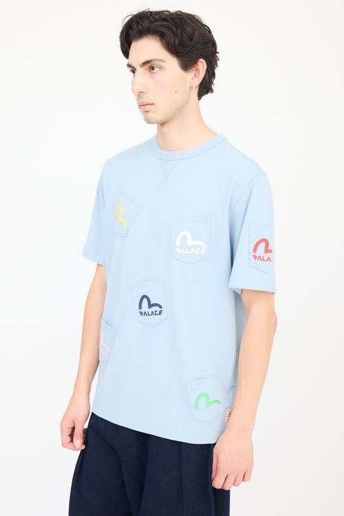 Palace X Evisu Blue 
Multicolour Logo Multi Pocket T-Shirt