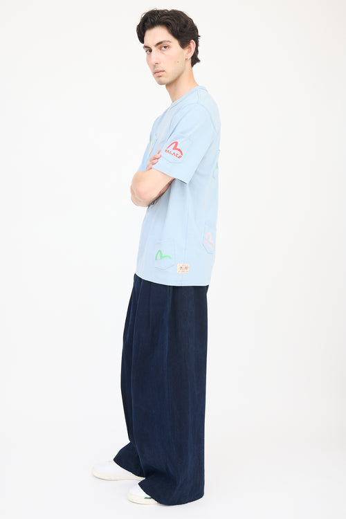 Palace X Evisu Blue 
Multicolour Logo Multi Pocket T-Shirt