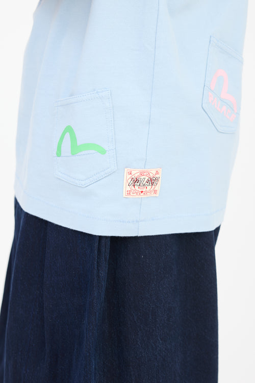 Palace X Evisu Blue 
Multicolour Logo Multi Pocket T-Shirt