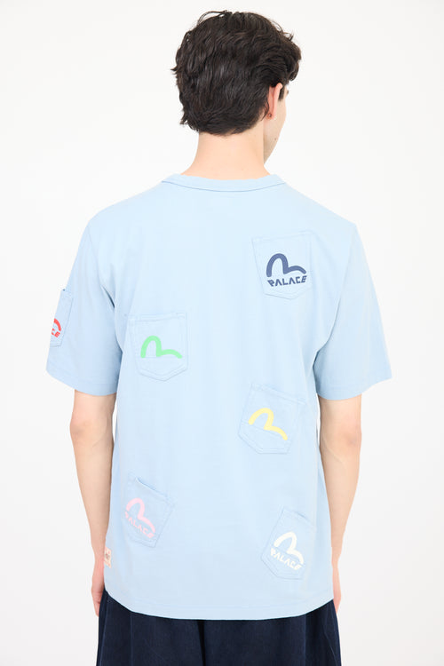 Palace X Evisu Blue 
Multicolour Logo Multi Pocket T-Shirt