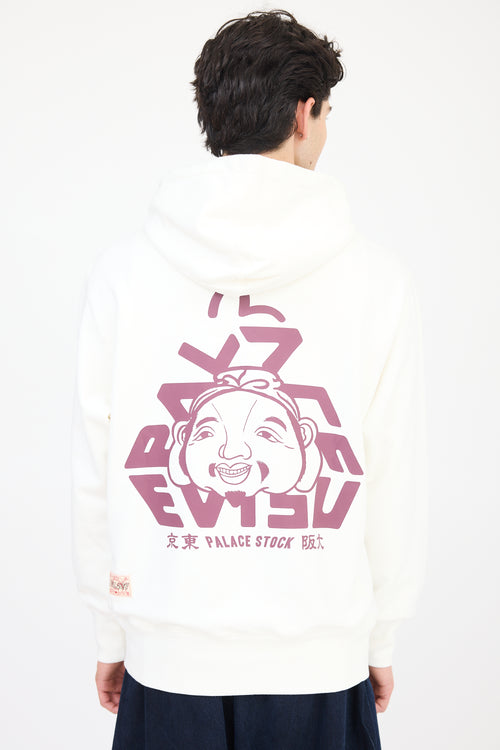 Palace X Evisu White 
Burgundy Logo Hoodie