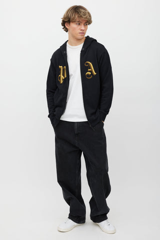 Palm Angels Black 
Gold Embellished Logo Zip Hoodie