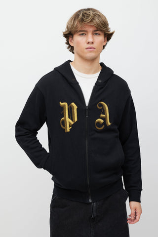 Palm Angels Black 
Gold Embellished Logo Zip Hoodie