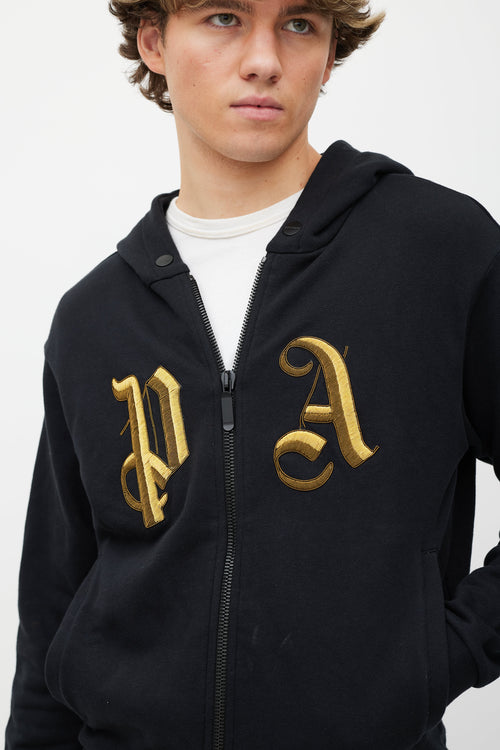 Palm Angels Black 
Gold Embellished Logo Zip Hoodie