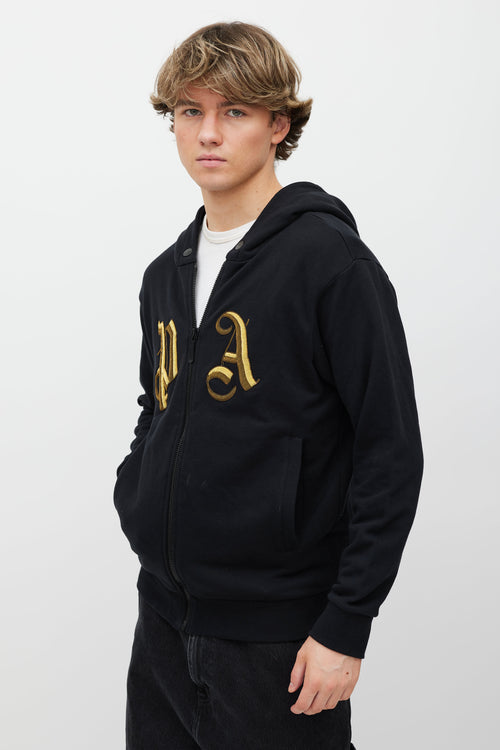 Palm Angels Black 
Gold Embellished Logo Zip Hoodie