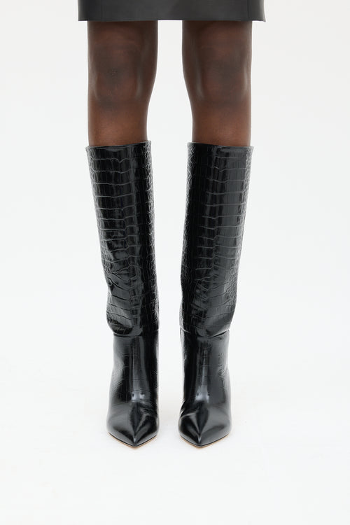 Paris Texas Black Embossed Patent Knee High Boot