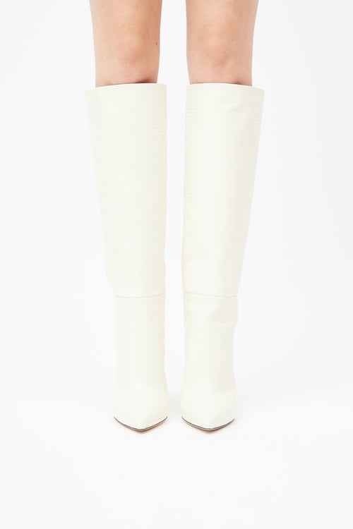  Cream Textured Knee High  Boot