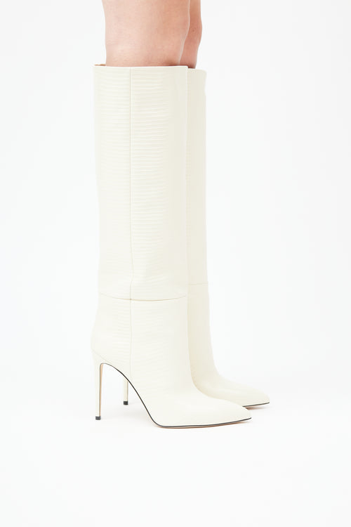  Cream Textured Knee High  Boot