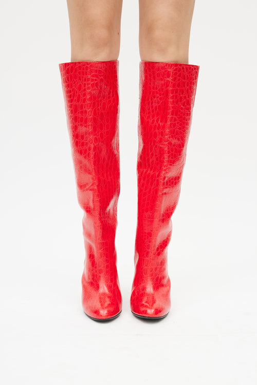 Paris Texas Red Embossed Knee High Boot