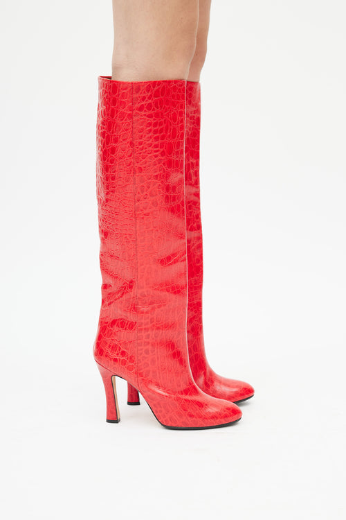 Paris Texas Red Embossed Knee High Boot