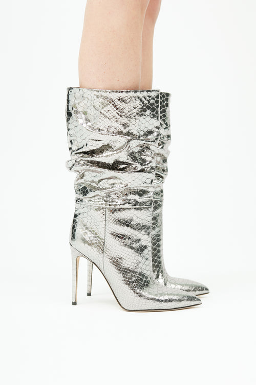  Silver Metallic Leather Textured Scrunched Boot