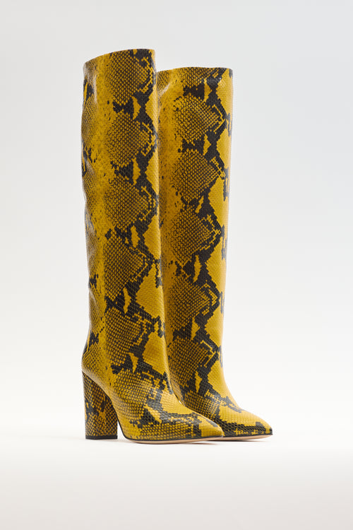 Paris Texas Yellow 
Black Embossed Leather Block Heel Boot