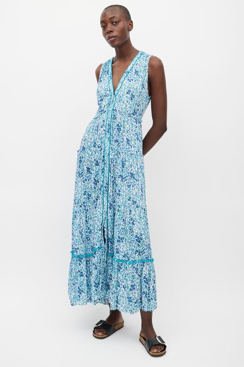 Paupette St. Barth Blue 
Multi Floral Pom Pom Trim Dress