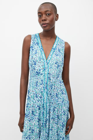 Paupette St. Barth Blue 
Multi Floral Pom Pom Trim Dress