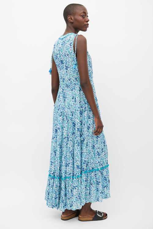 Paupette St. Barth Blue 
Multi Floral Pom Pom Trim Dress