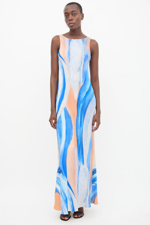 Peter Cohen Blue 
Orange Silk Marble Printed Dress