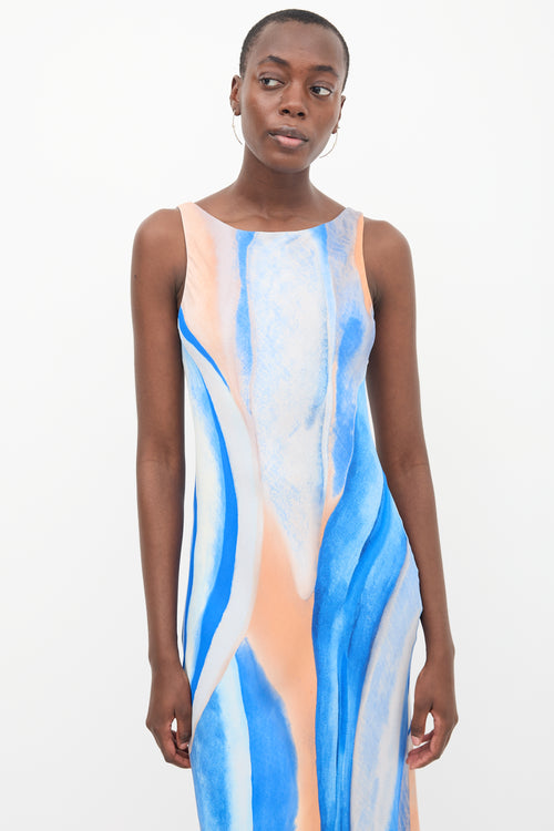 Peter Cohen Blue 
Orange Silk Marble Printed Dress