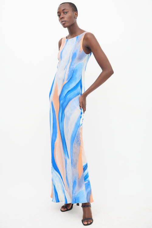 Peter Cohen Blue 
Orange Silk Marble Printed Dress