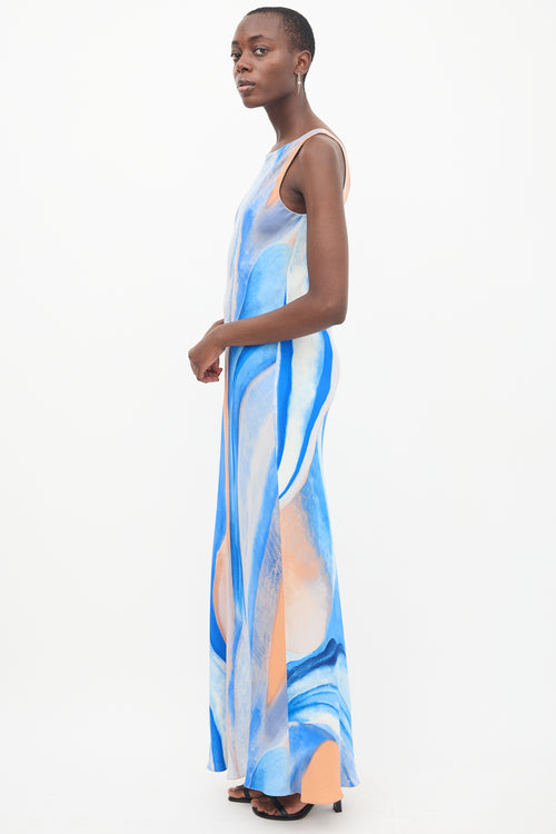 Peter Cohen Blue 
Orange Silk Marble Printed Dress