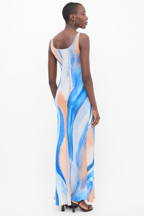 Peter Cohen Blue 
Orange Silk Marble Printed Dress