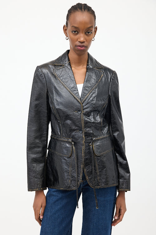 Philosophy Black Crackle Leather Drawstring Jacket