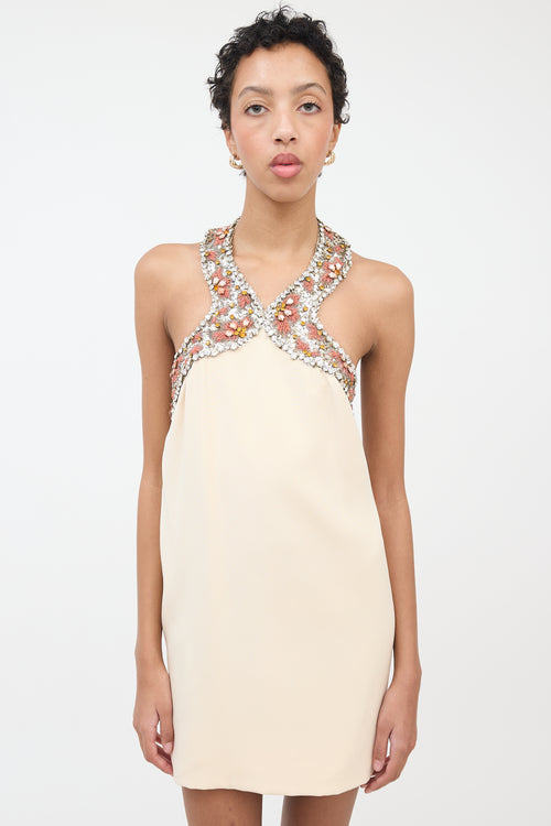 Pierre Cardin Cream 
Orange Rhinestone Halter Dress