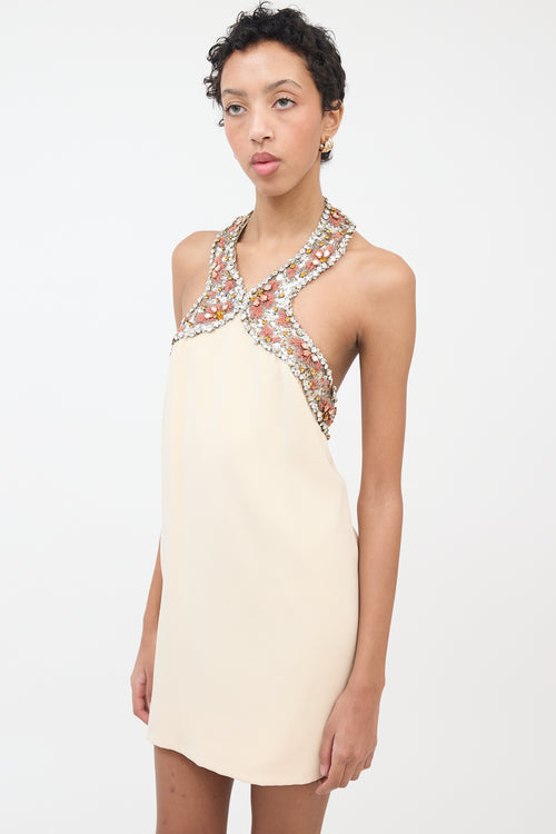 Pierre Cardin Cream 
Orange Rhinestone Halter Dress