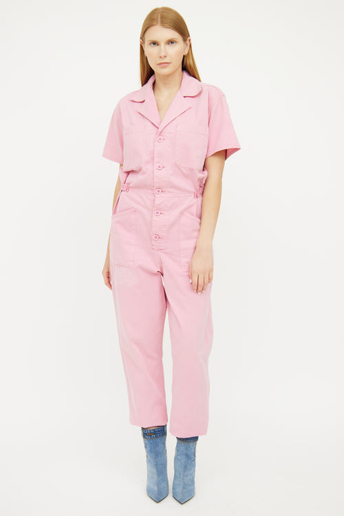 Pistola Pink Utility Button Short Sleeve Jumpsuit