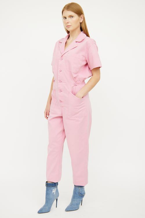 Pistola Pink Utility Button Short Sleeve Jumpsuit