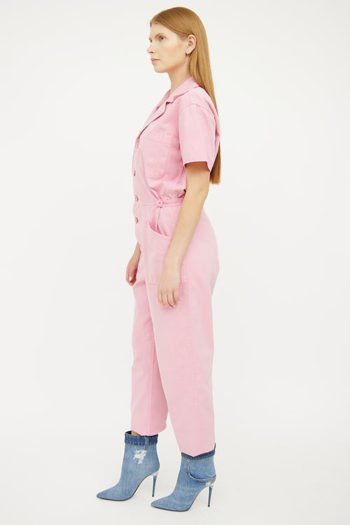 Pistola Pink Utility Button Short Sleeve Jumpsuit