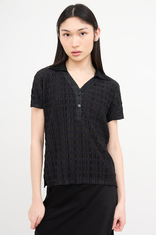 Pleats Please Issey Miyake Black Striped Pleated Polo