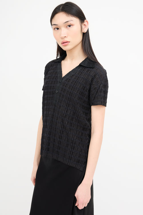 Pleats Please Issey Miyake Black Striped Pleated Polo