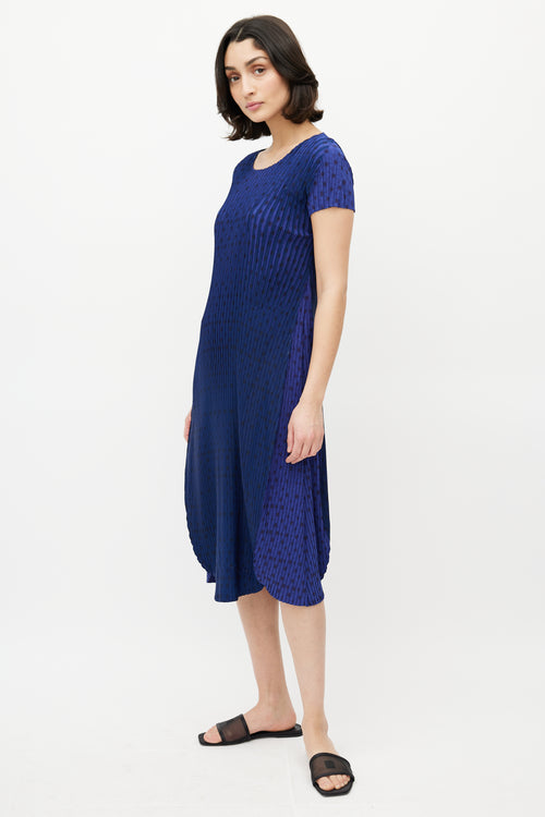 Pleats Please Issey Miyake Blue 
Black Geometric Pleated Dress