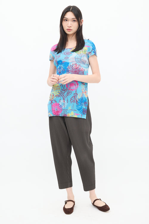 Pleats Please Issey Miyake Blue 
Multicolour Floral Pleated Short Sleeve Top