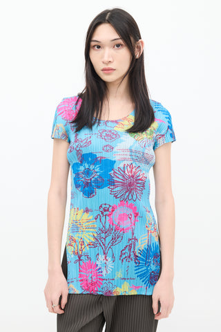 Pleats Please Issey Miyake Blue 
Multicolour Floral Pleated Short Sleeve Top