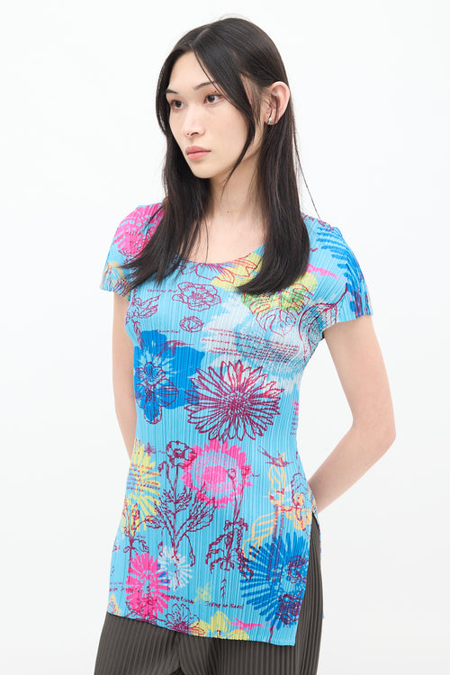 Pleats Please Issey Miyake Blue 
Multicolour Floral Pleated Short Sleeve Top