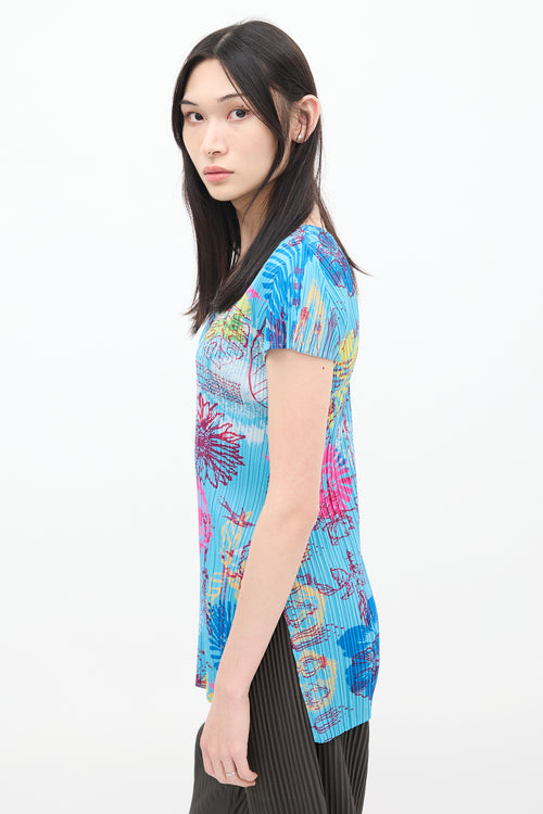 Pleats Please Issey Miyake Blue 
Multicolour Floral Pleated Short Sleeve Top