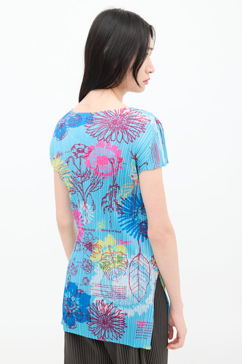 Pleats Please Issey Miyake Blue 
Multicolour Floral Pleated Short Sleeve Top