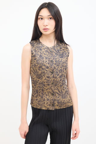 Pleats Please Issey Miyake Brown 
Navy Pleated Floral Vest