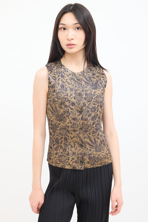 Pleats Please Issey Miyake Brown 
Navy Pleated Floral Vest