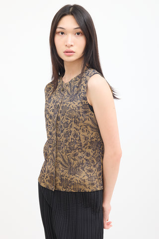 Pleats Please Issey Miyake Brown 
Navy Pleated Floral Vest