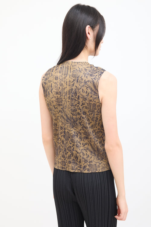 Pleats Please Issey Miyake Brown 
Navy Pleated Floral Vest