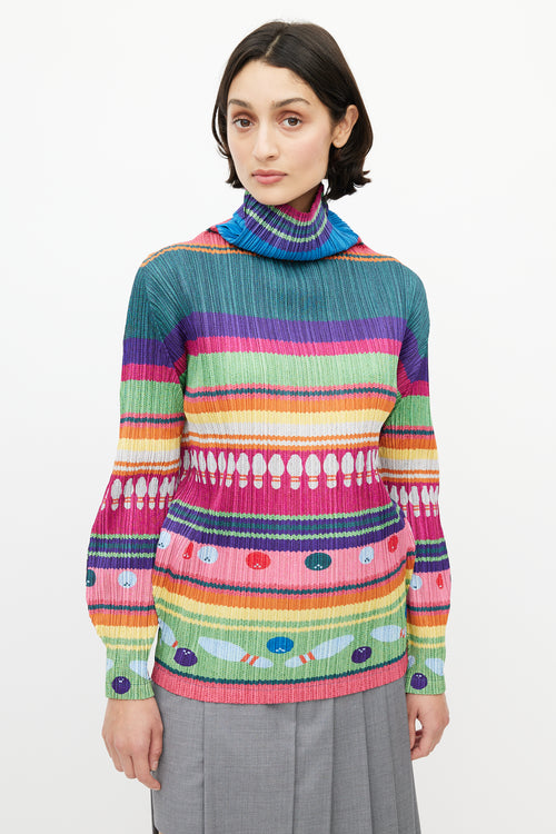 Pleats Please Issey Miyake Multicolour Bowling Print Plisse Top