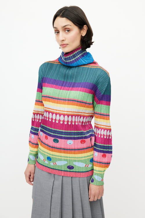 Pleats Please Issey Miyake Multicolour Bowling Print Plisse Top