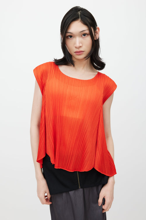 Pleats Please Issey Miyake Orange Pleated Sleeveless Top