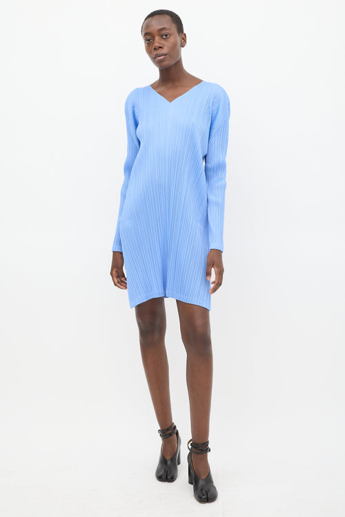 Pleats Please Issey Miyake Blue Pleated V-Neck Midi Dress