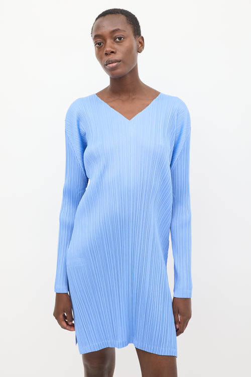 Pleats Please Issey Miyake Blue Pleated V-Neck Midi Dress