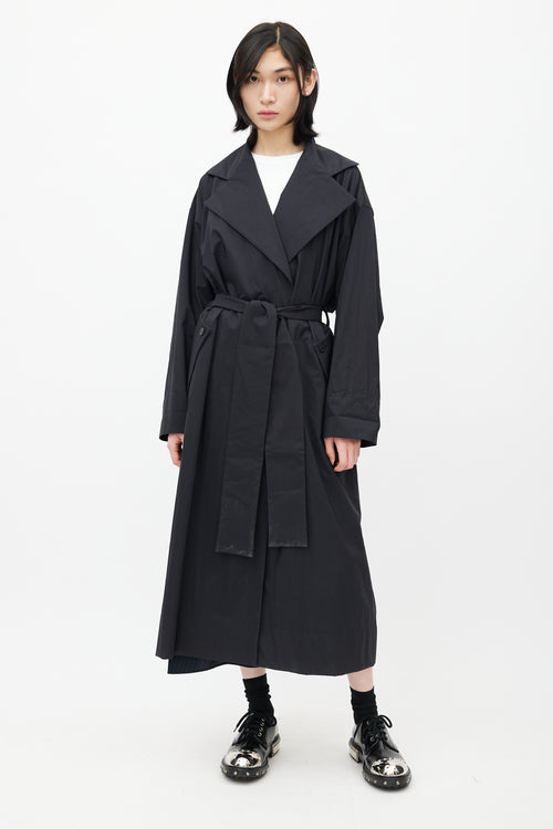 Pleats Please Issey Miyake Black Nylon Trench Belted Coat